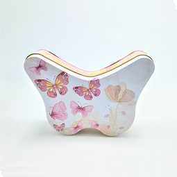 Onze producten: Korbdose mit Schmetterlingsmotiv als Geschenkverpackung für Ostern. Stülpdeckeldose in Schmetterlingsform aus Weißblech mit Henkel. Draufsicht auf Deckel, stehend